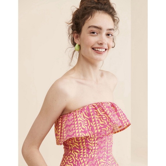 NWOT Anthropologie Kahindo Strapless Ruffled Pink & Yellow Maxi Dress Size Large - Picture 3 of 12